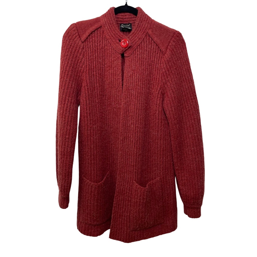 Vintage Rust Red Chunky Knit Wool Blend Cardigan Sweater Medium Cabin‎ Cozycore